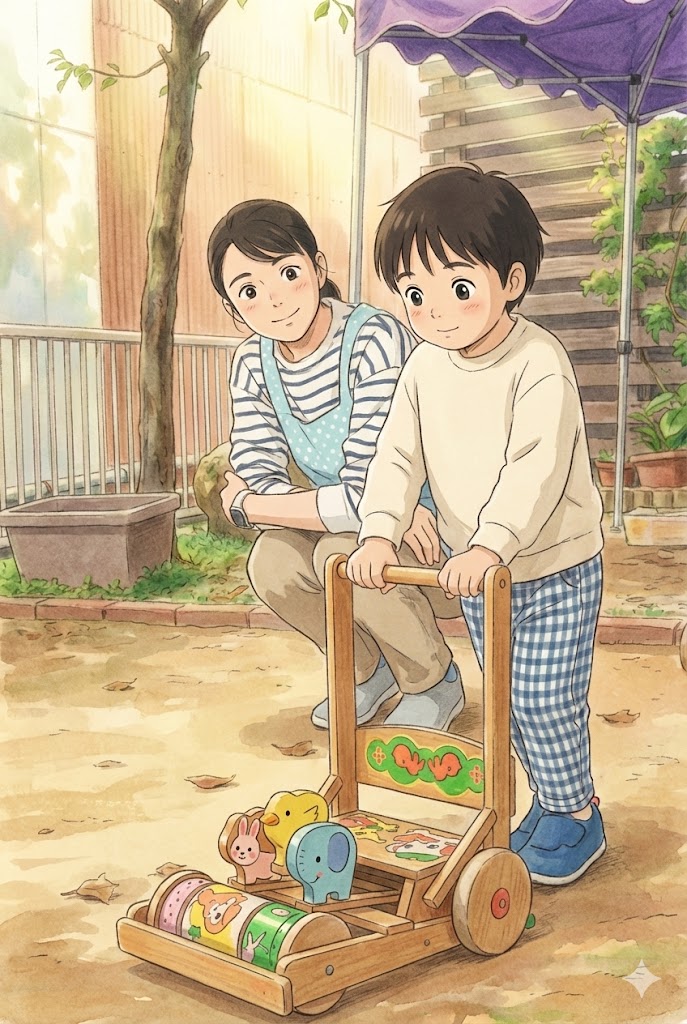 カタカタを押す子と保育士