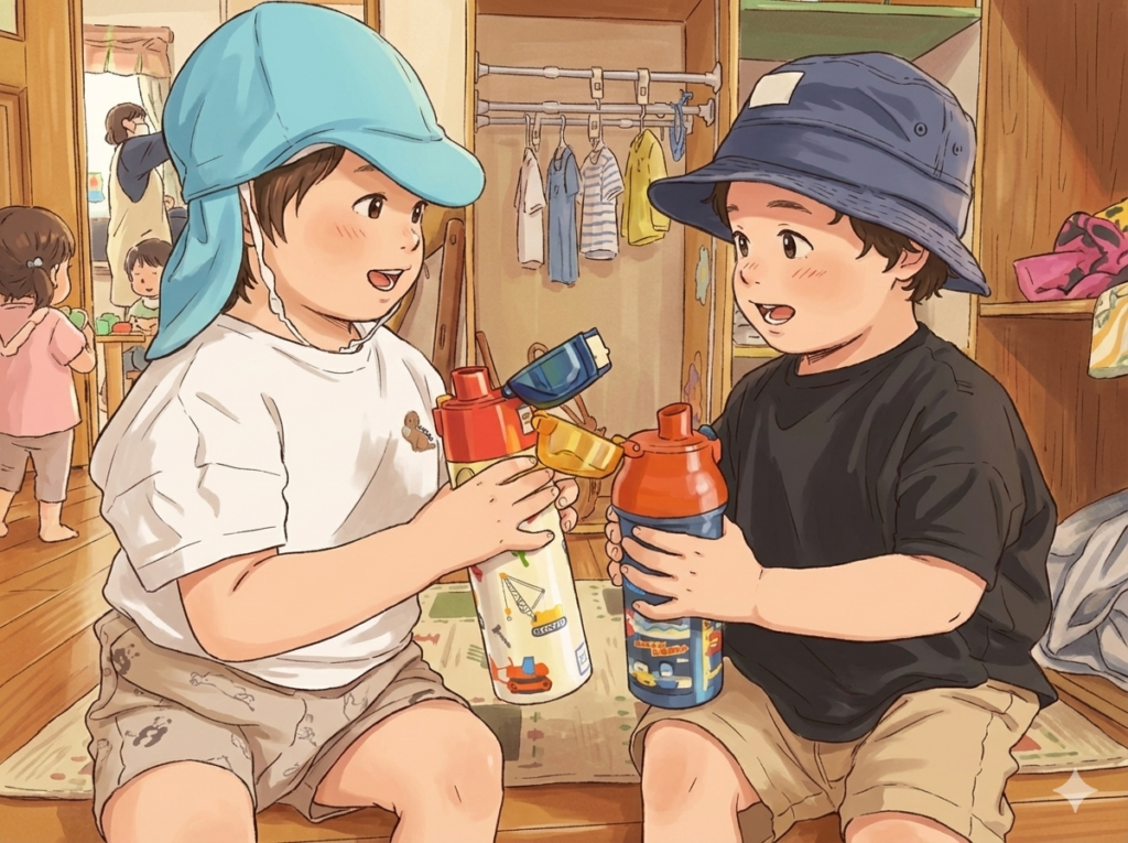 水筒を持ってお互いコミュニケーションにする２歳児