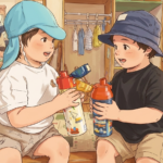 水筒を持ってお互いコミュニケーションにする２歳児